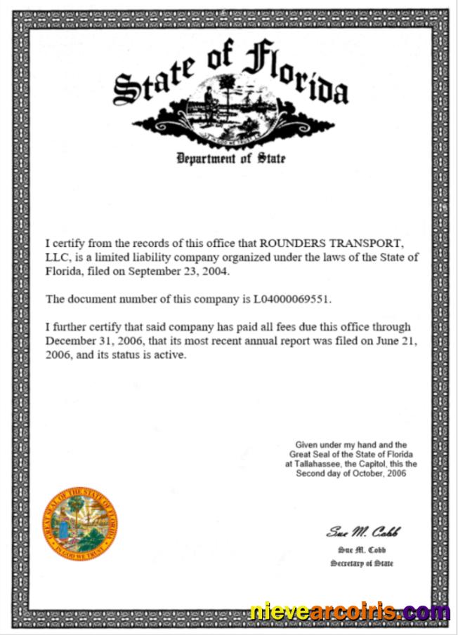 USA State of Florida certificate of business license